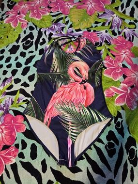 Navy One-Piece Swimsuit with Pink Flamingo Print